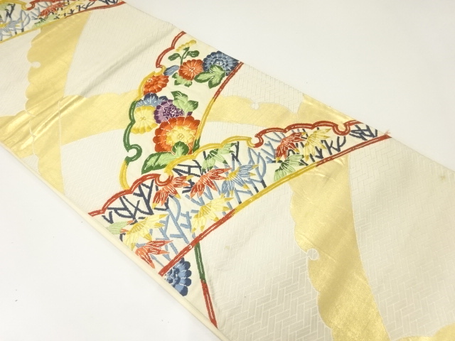 アンティーク　雪芝に草花模様織出し袋帯（材料）